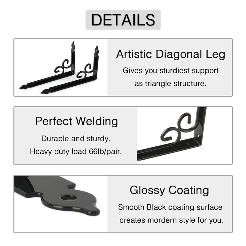 OVOV Shelf Brackets 4 Pcs Heavy Duty Decorative 6 Inch Black Right Angle Shelving Brackets Wall Mounted Shelf Supports for DIY Home Kitchen Living Room - Image 3